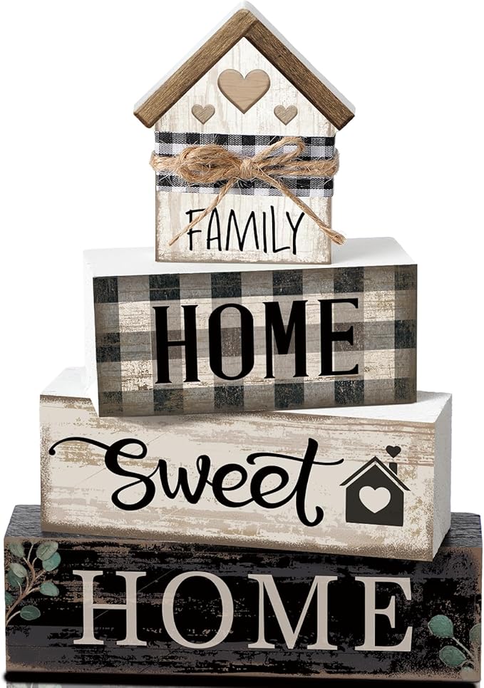 Moucuny 4 Pcs Farmhouse Wooden Tabletop Decor Sweet Home Tiered Tray Decor Rustic Retro Wood House Shaped Block Sign Housewarming Gifts Neutral Centerpiece Farmhouse Table Sign for Home Shelf Mantle