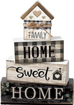 Moucuny 4 Pcs Farmhouse Wooden Tabletop Decor Sweet Home Tiered Tray Decor Rustic Retro Wood House Shaped Block Sign Housewarming Gifts Neutral Centerpiece Farmhouse Table Sign for Home Shelf Mantle