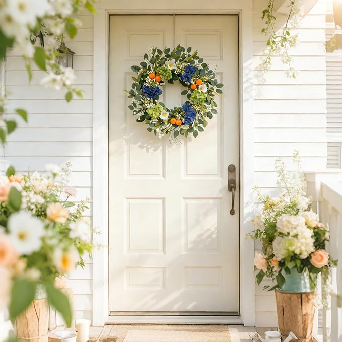 Idyllic 22 Inch Spring Wreath Blue Green Hydrangea with Orange Berries White Flowers Front Door Window Mantel Wedding Home Decor