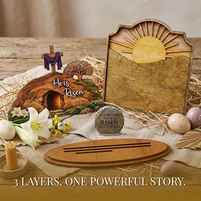 KATINAT He Is Risen Easter Decor, 3-Layer Wooden Empty Tomb Scene with Movable Stone, Religious Easter Decorations for Home Tabletop Shelf, Christian Gift Box Included, 6x6 Inch