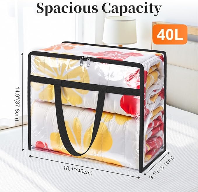 Clear Storage Bags, 4 Pack Under Bed Storage and Closet Organizers Containers, Vinyl Foldable Heavy-Duty Moving Bags with Zippers for Comforter, Bedding, Duvet, Blanket & Toy Storage, 40L