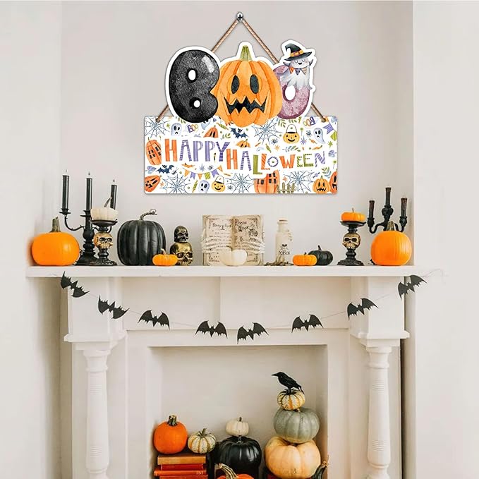 1PCS Halloween Decoration Wooden Wall Sign, Boo Hanging Sign for Front, Happy Halloween Welcome Sign, Wall Decor for Room Party Indoor Home Decor, Party Decor Supplies