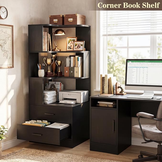 Armocity Corner Bookshelf with Drawers, 6 Tier Corner Book Shelf Display Bookcase, Freestanding L Shaped Bookshelf for Bedroom, Living Room, Home Office, Black