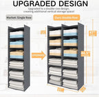Space-Saving Hanging Closet Storage Organizer – Dual-Row Foldable Shelves with 3 Hooks, 6-Tier Wardrobe Organizer for Dorm, Bedroom, Closet (Grey)