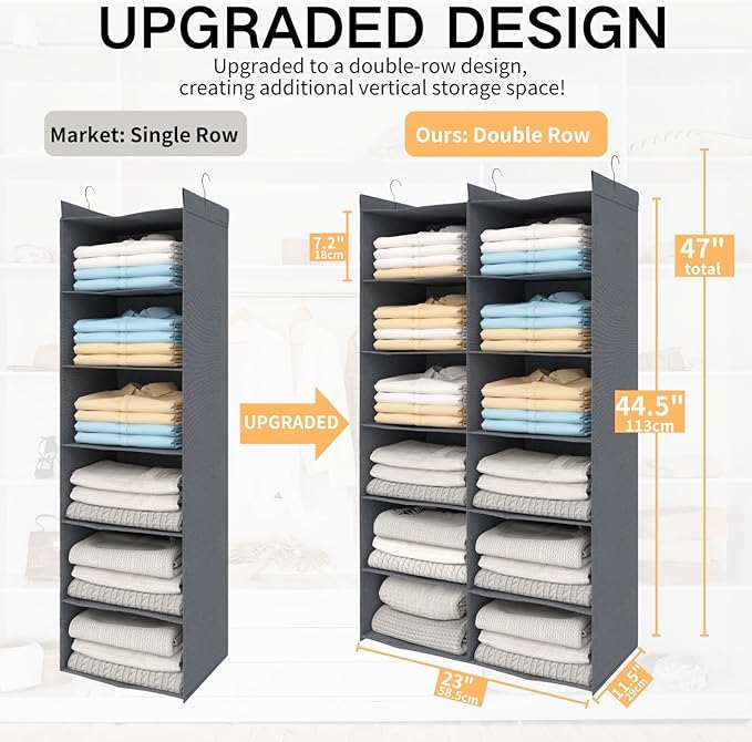 Space-Saving Hanging Closet Storage Organizer – Dual-Row Foldable Shelves with 3 Hooks, 6-Tier Wardrobe Organizer for Dorm, Bedroom, Closet (Grey)
