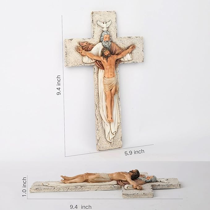 BC Catholic Holy Trinity Crucifix Wall Cross, 9.5" H Jesus Christ Inspirational Home Décor, Catholic Gifts, Religious Wall Sculpture handpainted by Buildclassic