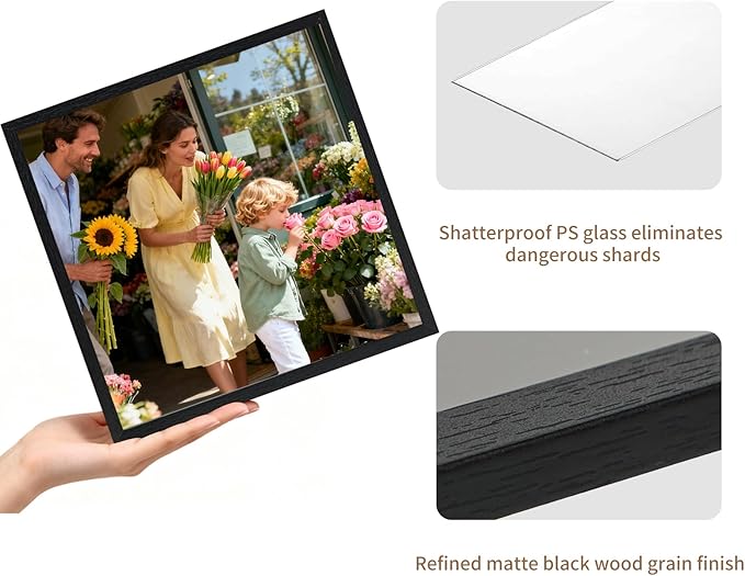 Lyeasw 12x12 Picture Frames Black 12 Pack,Square Matted Wood Grain Lightweight 12 x 12 Photo Frames for Wall Collage and Desk & Home Decor.