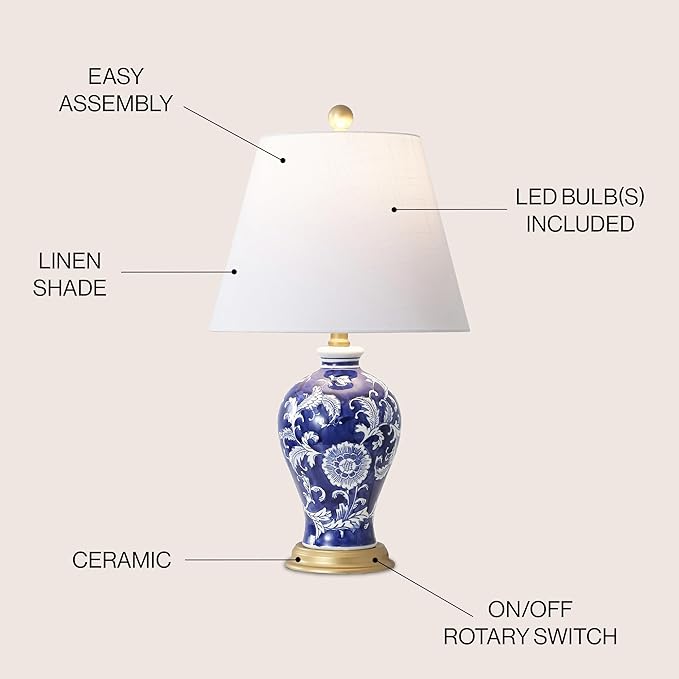 JONATHAN Y 24" Navy/White French Country Ceramic Floral Urn Table Lamp, White Linen Shade, Chinoiserie Ginger Jar Bedside Lamp for Living Room Bedroom, LED Bulb (JYL3009E)