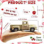 Cherry Decor – 4.9″Sweet Cherry Vintage Metal Truck with 3 Fake Cherries for Themed Party Decorations, Home Kitchen Centerpieces for Tables, Farmhouse Pickup Truck Tiered Tray Decor Gifts(White)
