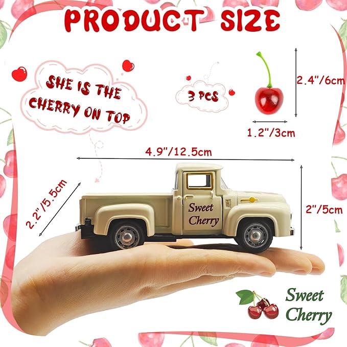 Cherry Decor – 4.9″Sweet Cherry Vintage Metal Truck with 3 Fake Cherries for Themed Party Decorations, Home Kitchen Centerpieces for Tables, Farmhouse Pickup Truck Tiered Tray Decor Gifts(White)