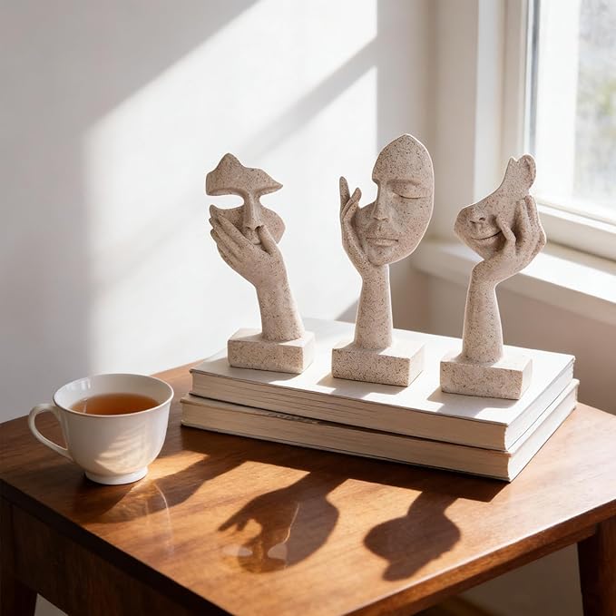 3 Pcs Thinker Small Statue Set - Art Resin Abstract Home Accent Figurines for Decor Woman Apartment Bookshelf Floating Shelf Coffee Table Office Desk Counter Decor (3 Pcs Sandstone, 6")