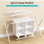 White Bamboo Luggage Rack with 4 Storage Compartments ，Foldable Suitcase Stand, Luggage Rack for Guest Room , 150lbs Capacity, Sturdy,