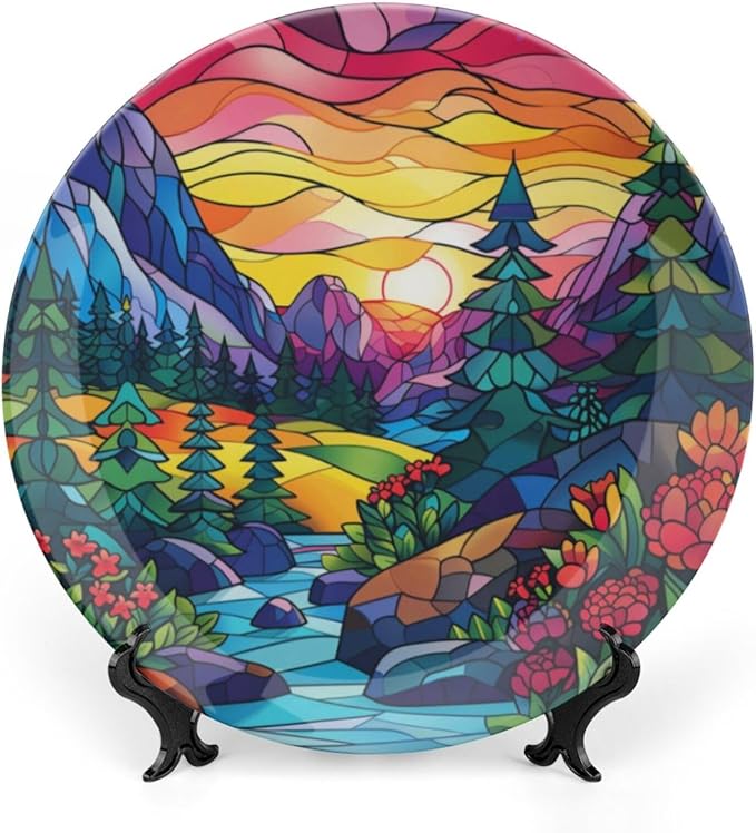 Stained Glass Theme Decorative Ceramic Plate Round Porcelain Plate,6 inch,Sunset Forest Stream Pattern,for Decorative Ornaments Giving Plates, 1 Plate with 1 Display Stand,Multicolor