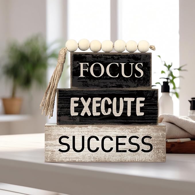 Yuntau 4 Pcs Motivational Desk Decor Wooden Office Decor Inspirational Tiered Tray Decoration Rustic Retro Wood Bead Garland Focus Execute Success Block Sign Farmhouse Centerpiece for Home Shelf