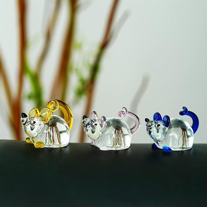 H&D HYALINE & DORA 3 Pack Glass Crystal Mouse Figurines Collectibles,Hand Blown Art Glass Animals Miniature Garden Decor Statue