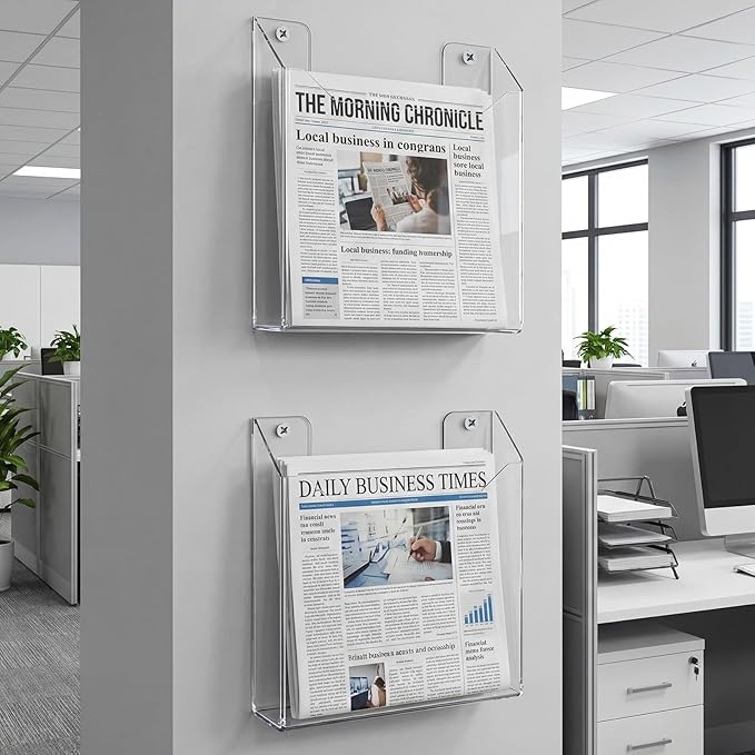Sliner 2 Pcs Wall-mounted Single Pocket Newspaper Holder Acrylic Brochure Holder Clear Acrylic Display Holders for Home Office Waiting Room Magazine Mail Organizer, 13.38 x 11.50 x 2.24 Inches