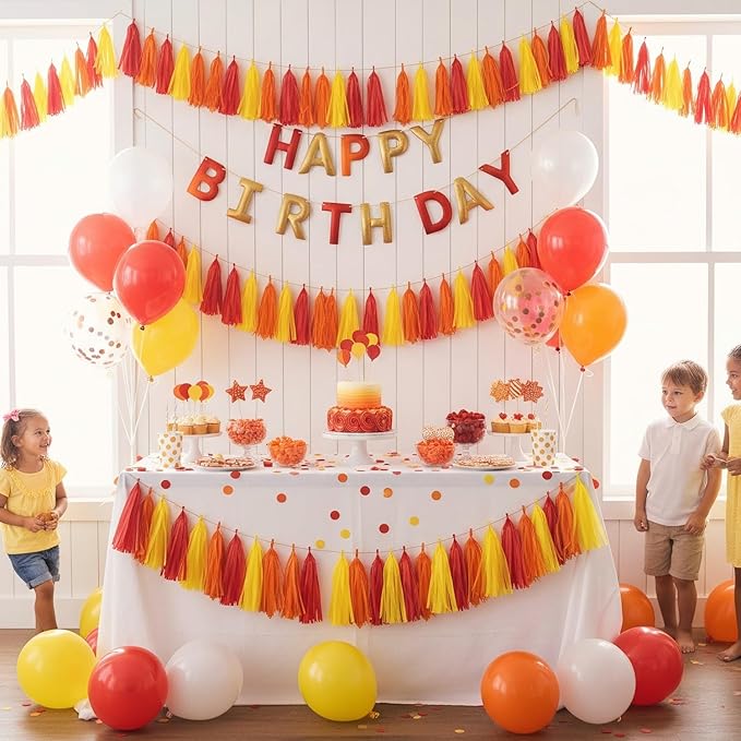 15Pcs Red Orange and Yellow Paper Tassel Garland,Tissue Tassel Banner for Thanksgiving Firefighter Party Decoration