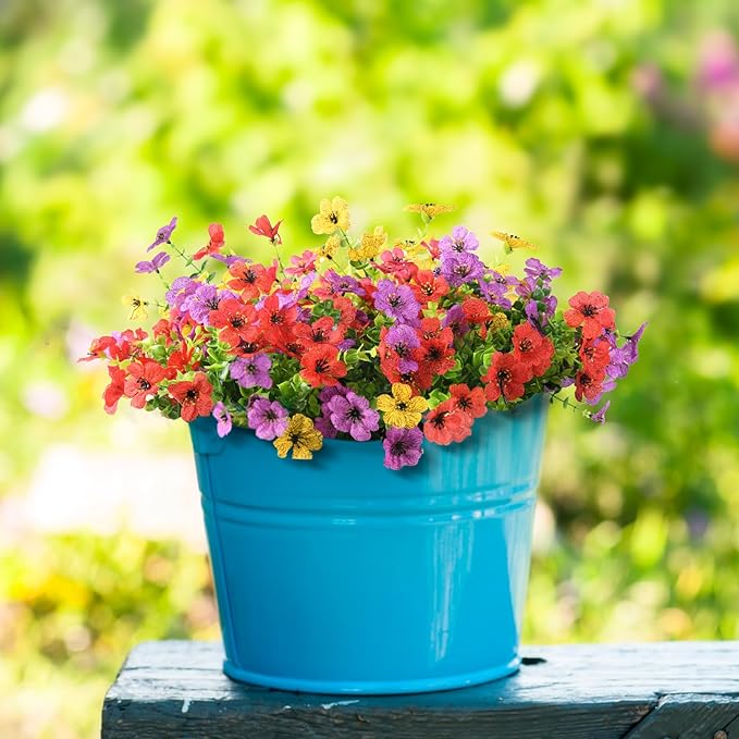 Artificial Fake Flowers for Outdoors Spring Decor, 12 Bundles Faux Silk Flowers Daisy Eucalyptus Plants UV Resisitant Colorful Artificial Flowers for Outside Planter Pots Front Porch Garden Patio