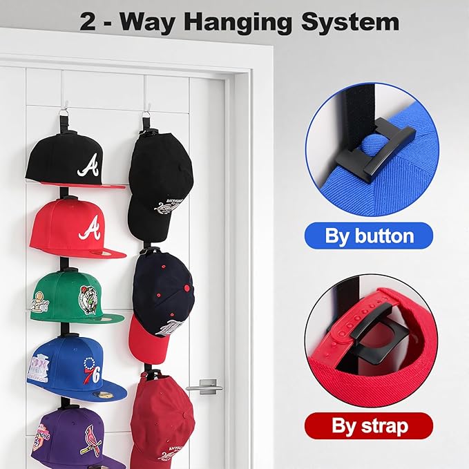Hat Rack for Door - Two-Way Hanging Caps with Display Hooks and Hanger, Hat Organizer for Baseball Caps, Over the Door Hat Storage Organizer for Bedroom, Entrance or Garage Doors - 1 Pack
