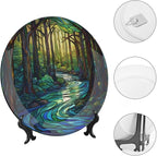 Stained Glass Theme Decorative Ceramic Plate Round Porcelain Plate,7 inch,Sunrise Forest Stream Pattern,for Decorative Ornaments Giving Plates, 1 Plate with 1 Display Stand,Green Blue Gold