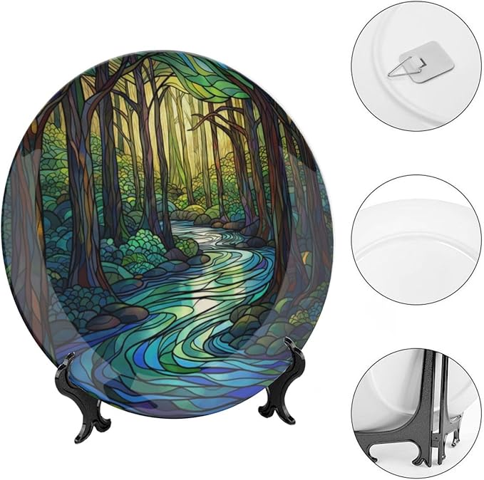 Stained Glass Theme Decorative Ceramic Plate Round Porcelain Plate,7 inch,Sunrise Forest Stream Pattern,for Decorative Ornaments Giving Plates, 1 Plate with 1 Display Stand,Green Blue Gold