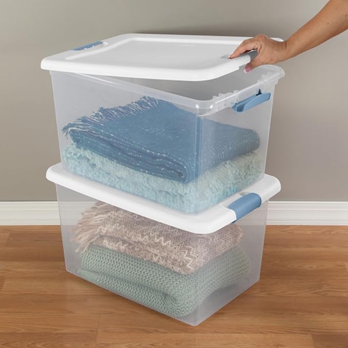 Sterilite 24-Pack Latching Box, Under Bed Storage Bins with Lids, Clear Plastic, 64 Quart - Heavy-Duty Organizing Containers for Closet, Bathroom, and Office