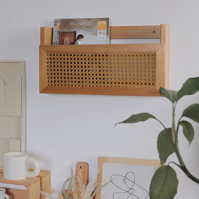 Wall Magazine Rack with PE Rattan Grid,Size 17.3" x 4" x 9.4",File Holder For Entryway,Living Room,Waiting Room,Kids’ room,Office(Retro Brown)