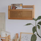 Wall Magazine Rack with PE Rattan Grid,Size 17.3" x 4" x 9.4",File Holder For Entryway,Living Room,Waiting Room,Kids’ room,Office(Retro Brown)