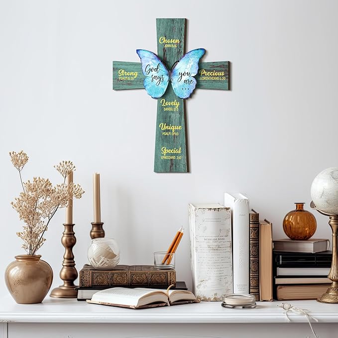 Panelee 11.81 Inch Christian Cross Wall Decor Wooden Cross Sign Inspirational Bible Verse Wood Wall Decor Scripture Hanging for Church Room Office Kitchen Gifts