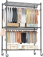 Homdox 3 Tier Heavy Duty Garment Rack with Wheels, Adjustable Wire Clothes Rack with Double Hanging Rods, Portable Closets for Hanging Clothes with Side Hooks, Black