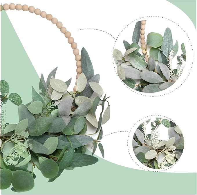 TEMPUS 16” Artificial Wood Bead Eucalyptus Wreath - Indoor/Outdoor Seasonal Farmhouse Door Decor with Artificial Greenery Perfect