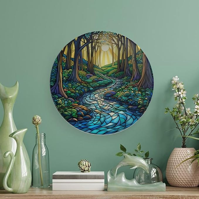Stained Glass Theme Decorative Ceramic Plate Round Porcelain Plate,10 inch,Sunrise Forest Stream Pattern,for Decorative Ornaments Giving Plates, 1 Plate with 1 Display Stand,Green Blue Gold