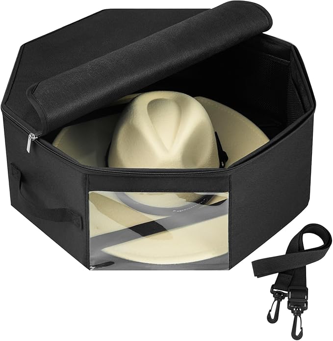 Hat Box for Travel & Home Closet Storage, Side Reinforced Octagonal Case, Crush-proof, Dust-proof for Cowboy, Panama & Fedora Hats, Black