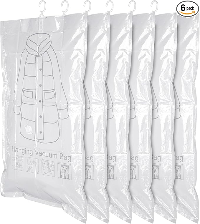 6 Pack Clear Hanging Vacuum Storage Bag, 51.2 x 27.6 inch Hanging Vacuum Sealer Storage Space Saver Bags, Reusable Space Saver Bags, for Suits Dress Jackets