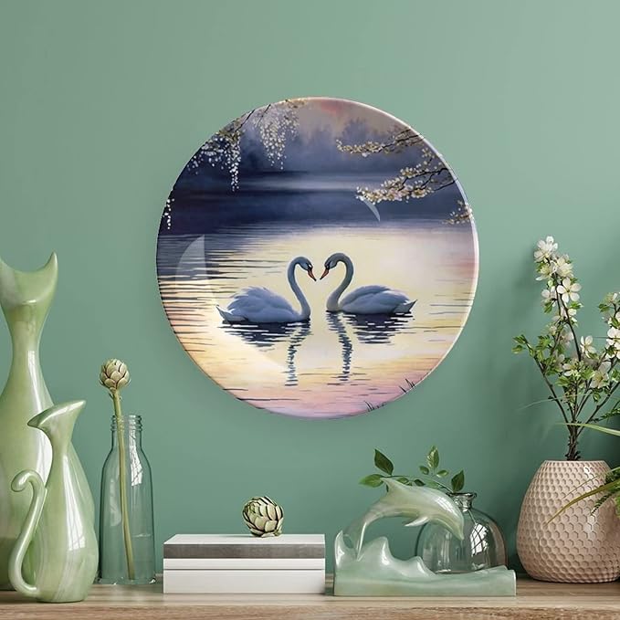 Decorative Plates, Sunset Couple Swans Lake with Tree Painting Ceramic Dinner Plate Home Wobble-Plate with Display Stand, Wall Hanging Decor for Living Dining Room Kitchen Household 6 Inch