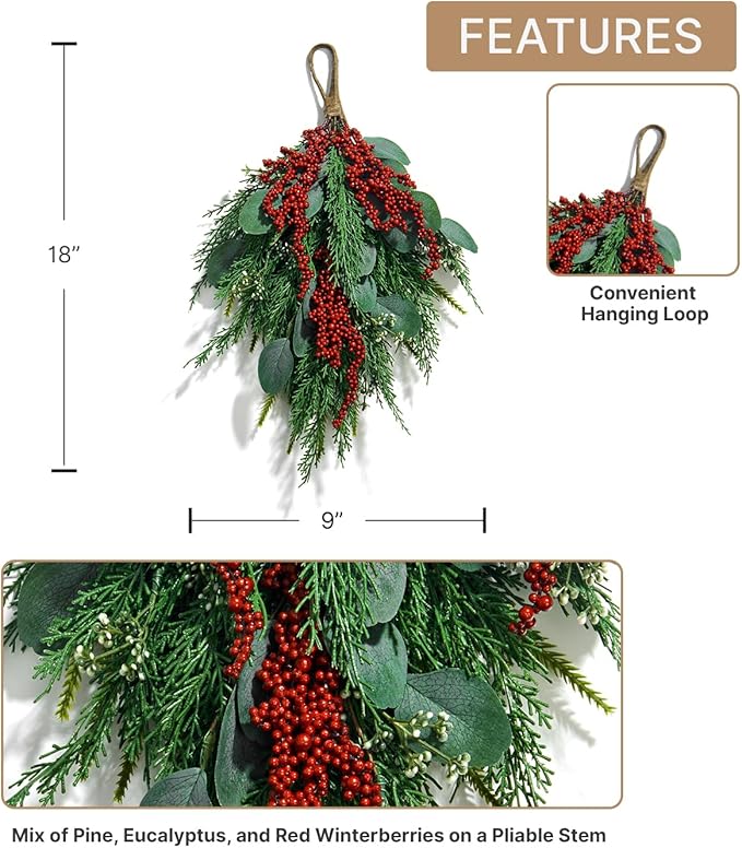 LampLust Swag for Front Door, 18 Inch Greenery with Eucalyptus and Red Berry, Teardrop Swag for Decorating, Indoor Hanging Decor for Entryways, Door or Stairways, Spring Decor, Table Centerpiece