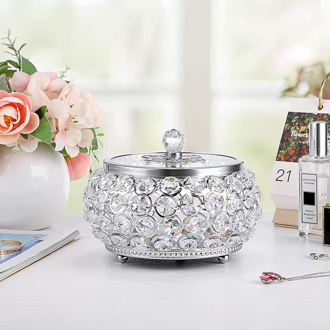 Hipiwe Crystal Jewelry Trinket Box with Glass Lid Large Silver Mirrored Treasure Box Decorative Jewelry Box Ring Earrings Necklace Storage Keepsake Box Gift for Women