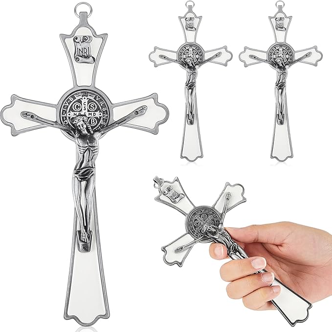 Leinuosen 4 Pcs Crucifix Wall Cross 8 Inch Saint Benedict Enamel Crucifix Metal Sacred Catholic Cross Saint Benedict Metal Wall Art for Spiritual Faith Gift Blessing Baptism Rosary Holy Decor