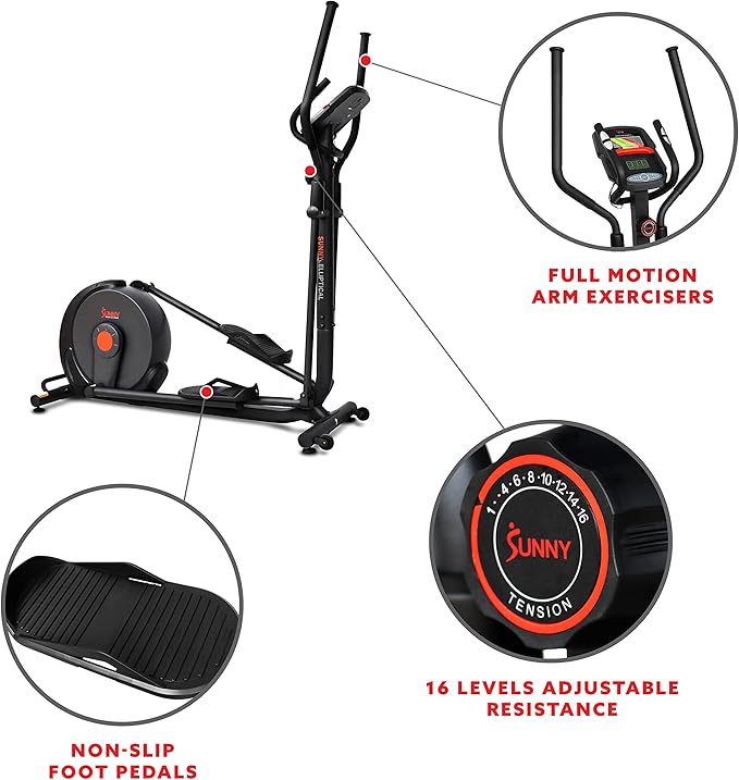 Sunny Health & Fitness Power Stride Smart Elliptical with 17.7" Stride & Pulse Sensor, 16 Level Magnetic Resistance Cross Trainer for Home Full Body Workout with SunnyFit App, Optional Electromagnetic