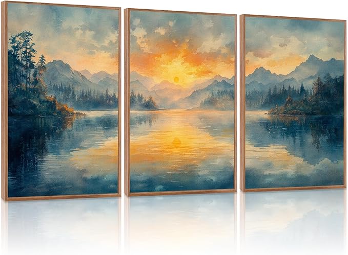 KAlRNE Landscape Wall Art Set of 3(24”X36”),Abstract Nature Wall Decor,Blue Forests Lake Canvas Paintings,Framed Watercolor Sunset Mountains Prints For Living Room Bedroom Office Decoration