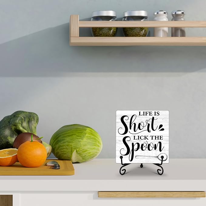 Kitchen Counter Decor, Kitchen Decor and Accessories, Life Is Short Sign, Fun Farmhouse Wooden Plaque with Iron Stand for Dinning Room Shelf Display-A08