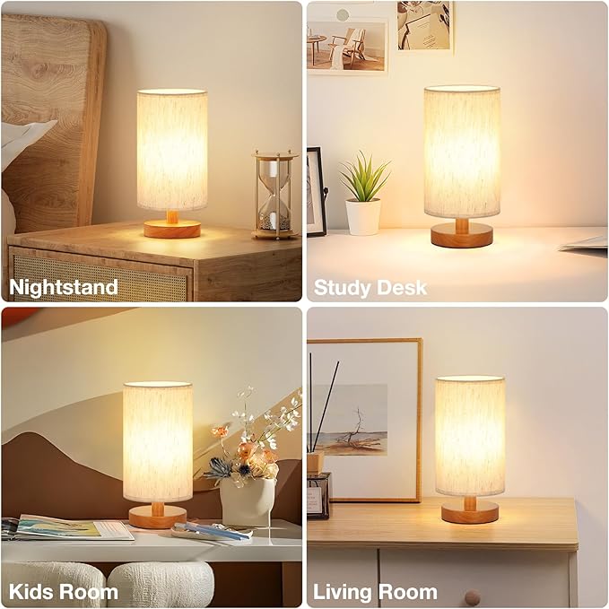 Fenmzee Small Table Lamp for Bedroom - Inline Control, Bedside Lamp with 3000K A15 LED Blub, Easy Assembly (Cream Shade - Walnut Base, 9" Inline Control)