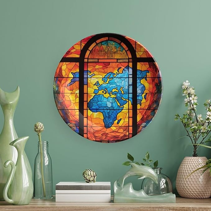 Decorative Plates for Wall Hanging, Old Globe Map Stained Glass Print Ceramic Plate w/Display Stand, Home Decor for Kitchen Cabinets, Round Tray 6 Inch, Gift for Adventure Lover Wanderlust