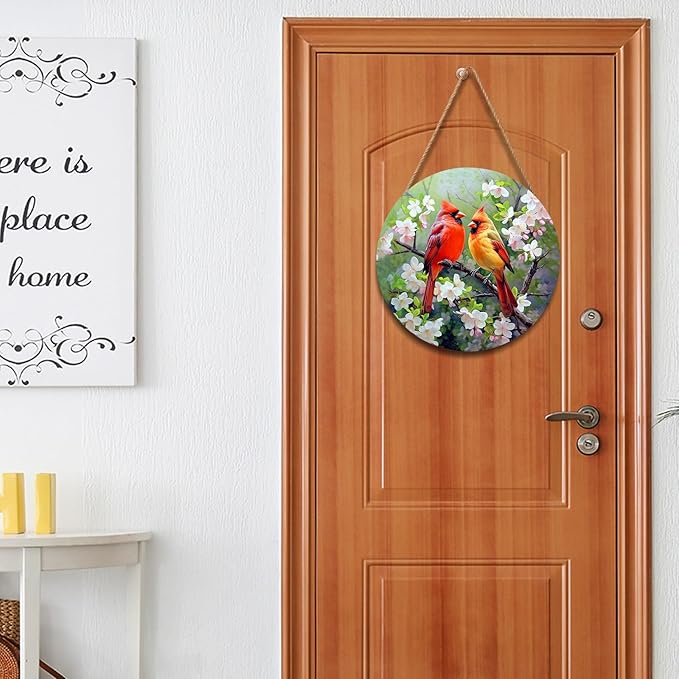 Harooni Spring Summer Birds Welcome Door Sign for Front Door Decor,Spring Pink Floral Round Wood Hanger Wreath for Outside Farmhouse Wooden Wreath for Porch Wall Hanging Sign Plaque Decoration 12"x12"
