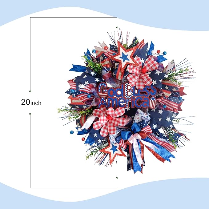 TEMPUS 20“ God Bless America 4th of July Patriotic Mesh Deco Wreath for Front Door, Memorial Day Red, White and Blue Ribbon Wreath for Indoor and Outdoor, Home Holiday Decor Summer Party Decor