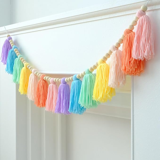 DCJHFJ Pastel Rainbow Boho Tassel Garland Wall Hanging with Wood Beads for Baby Shower Birthday Party Classroom Dorm Nursery Decor