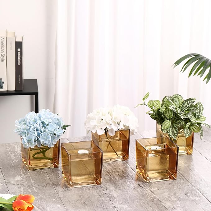 Square Glass Vases Set of 4, 5" x 5" x 5" Amber Flower Vases for Centerpieces, Square Vase for Flowers, Small Vase for Wedding, Party, Home Office Decoration