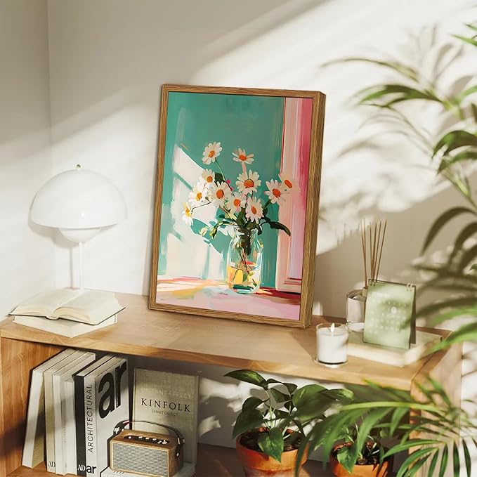Framed Moody Floral Canvas Wall Art, Vintage Daisy Flower Pictures Wall Decor, Rustic Wildflower Paintings Prints Cottagecore Home Decor for Living Room Bedroom Bathroom 16x24 inch