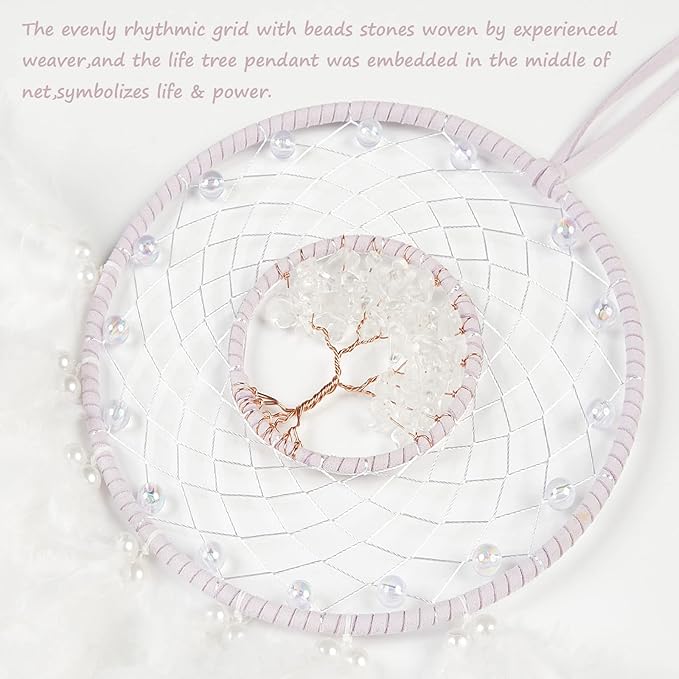 Dreamlike White Tree of Life Dream Catcher Wall Decor with Healing Crystal Stone Handmade Feather Dream Catchers Decoration Wall Hanging for Girls Bedroom Living Room Wedding Party Home Décor