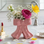 Pink Bow Vase, Hot Pink Flower Vase for Home Decor, Ceramic Vases for Boho Style, Small Cute Vases for Ideal Shelf Decor/Table/Living Room. (Pink 2, Large)